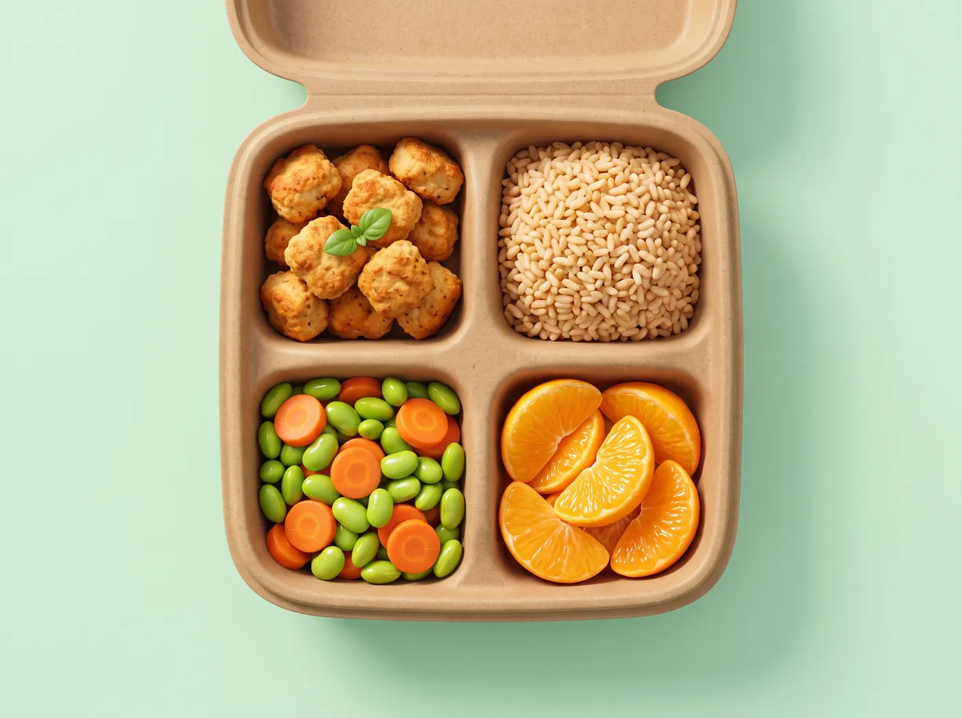 Open kids bento box with chicken, brown rice, edamame, carrots and orange